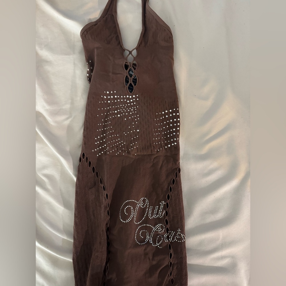 Brown Rhinestone Nylon Mini Dress 💎 - Picture 2 of 4